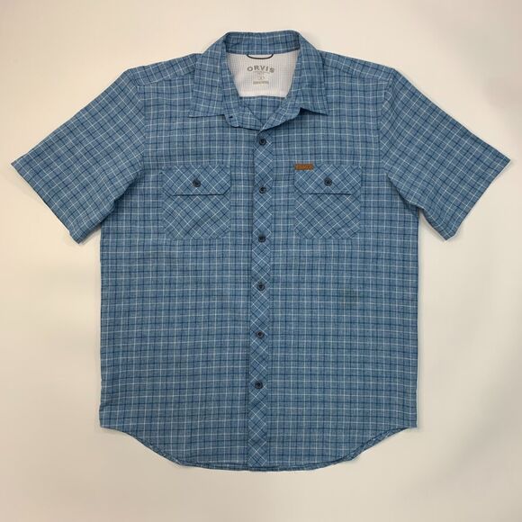 Orvis Woven Tech Shirt Mens M Medium Copen Blue Pocket Button Up Plaid - Picture 2 of 12